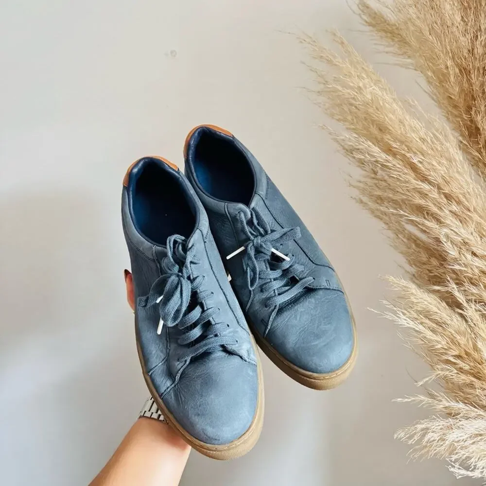 MENS COLE HAAN Navy Blue Leather Brown Gum Rubber $175 Sneakers Tennis Shoes 8.5
